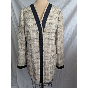 Ann Taylor Black & Cream Tweed Mid Length‎ Coat Fringe Hem Women's Med Old Money